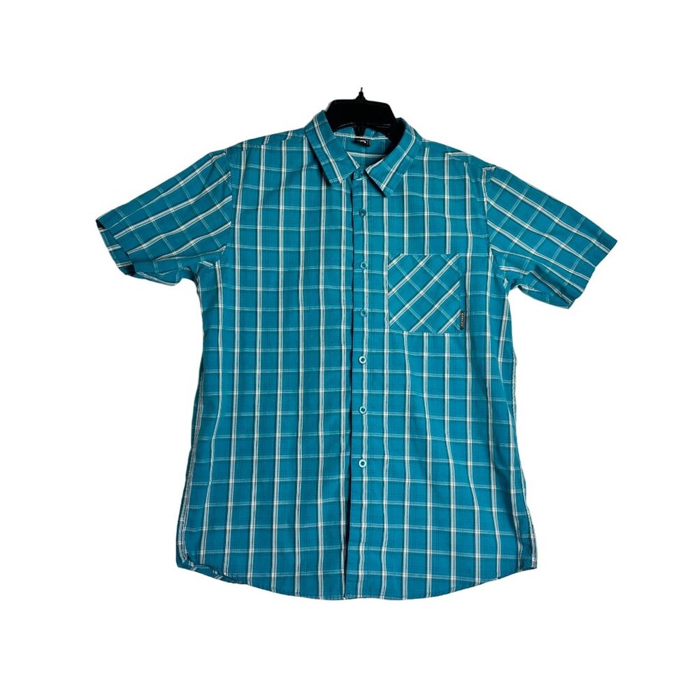 Oakley Plaid Short Sleeve Button Down Turquise Shirt Mens Medium
